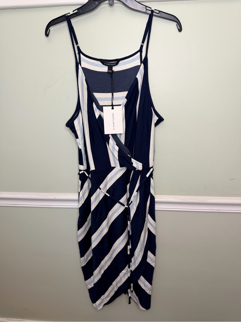 41 Hawthorn Women’s Navy & White Striped Faux Wrap Midi Dress Large NWT
